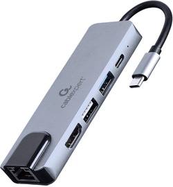 Adapteris Gembird USB-C - RJ-45/HDMI/2xUSB/USB-C USB-C male, RJ-45/HDMI/2xUSB/USB-C female, 0.12 m, pelēka