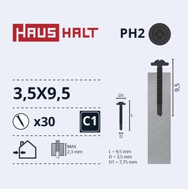 Isekeermestavad kruvid Haushalt DIN 7981C, 3.5 mm x 9.5 mm, 30 tk