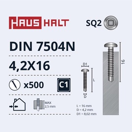 Pašvītņojošā skrūve Haushalt DIN 7504N, 4.2 mm x 16 mm, 500 gab.