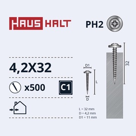 Isekeermestavad kruvid Haushalt DIN 14566, 4.2 mm x 32 mm, 500 tk