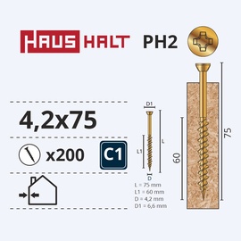 Puidukruvi Haushalt, 4.2 x 75 mm, kollane, 200 tk