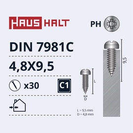 Pašvītņojošā skrūve Haushalt DIN7981C, 4.8 mm x 9.5 mm, 30 gab.