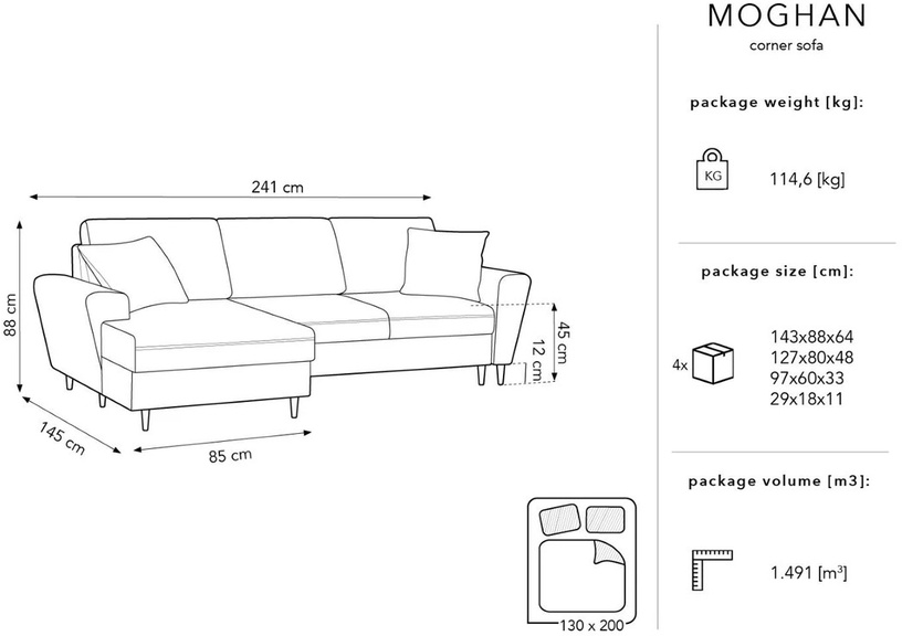 Stūra dīvāns Micadoni Home Moghan Velvet 4 Seats, sarkana, kreisais, 241 x 145 cm x 88 cm