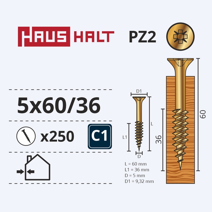 Саморез по дереву Haushalt PZ2, 5 x 60 мм, желтый, 250 шт.