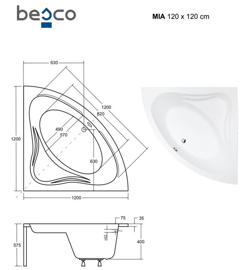 Vann, nurgaga Besco Mia, 120 cm x 120 cm x 57.5 cm, nurga-