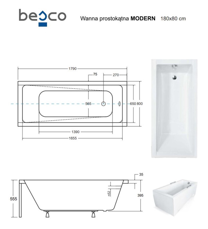 Vann, nurgaga Besco Modern, 180 cm x 80 cm x 55.5 cm, ristkülik