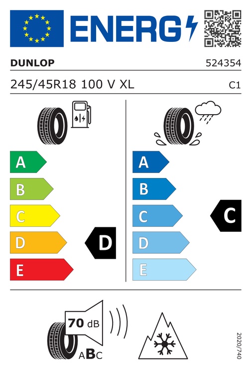 Žieminė automobilio padanga Dunlop SP Winter Sport 3D 245/45/R18, 100-V-240 km/h, XL, D, C, 70 dB