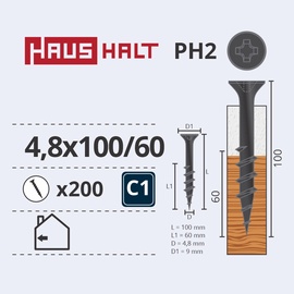 Puidukruvi Haushalt PH2, 4.8 x 100 mm, kollane/hall, 200 tk