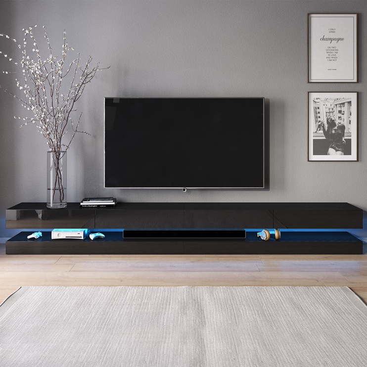 TV-laud Fly Double, must, 280 cm x 34 cm x 10 - 15 cm