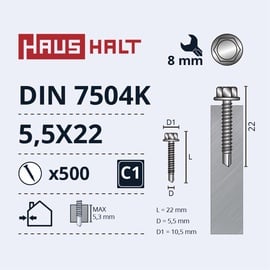 Pašvītņojošā skrūve Haushalt DIN 7504K, 5.5 mm x 22 mm, 500 gab.