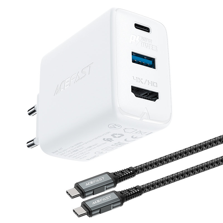 Зарядное устройство AceFast 2in1, HDMI/USB/USB-C, белый, 65 Вт
