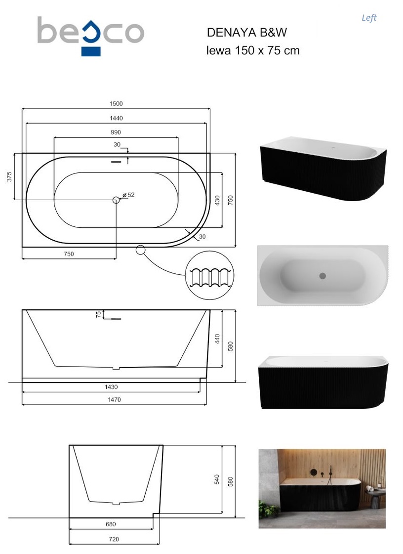Vann, teisaldatav Besco Denaya, 150 cm x 75 cm x 58 cm, nurga-