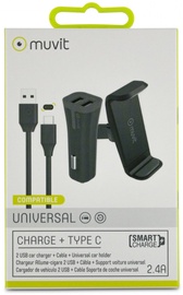 Автомобильное зарядное устройство Muvit Holder + Charge + Type-C 2 x USB, USB Type-C/2 x USB 2.0, 1 м, черный