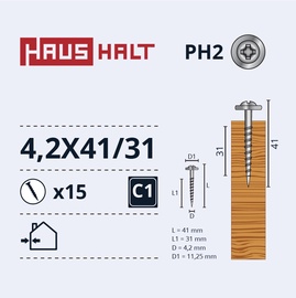 Pašvītņojošā skrūve Haushalt DIN 14566, 4.2 mm x 41 mm/31 mm, 15 gab.