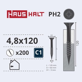 Саморез по дереву Haushalt, 4.8 x 120 мм, серый, 200 шт.