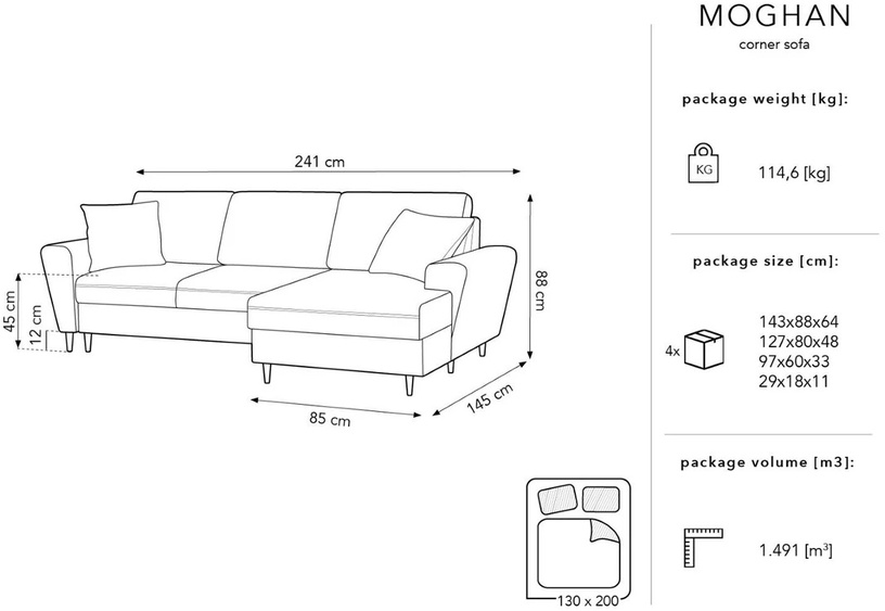 Stūra dīvāns Micadoni Home Moghan Velvet 4 Seats, gaiši zila, labais, 241 x 145 cm x 88 cm