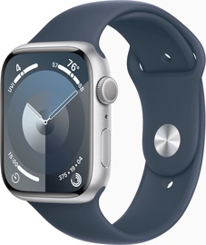 Viedais pulkstenis Apple Watch Series 9 GPS, 45mm Silver Aluminium Storm Blue Sport Band M/L, sudraba