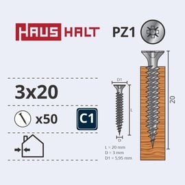 Puidukruvi Haushalt PZ1, 3 x 20 mm, valge, 50 tk