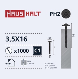 Pašvītņojošā skrūve Haushalt DIN 14566, 3.5 mm x 16 mm, 1000 gab.