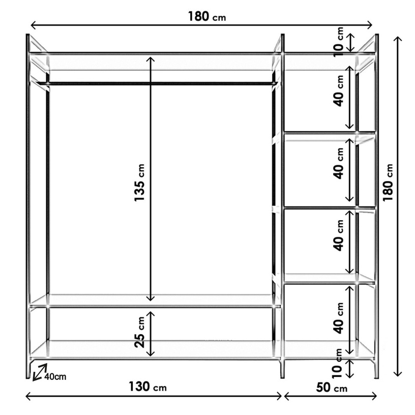 Riidekapp Kalune Design Trend L615, valge/must, 40 cm x 180 cm x 180 cm