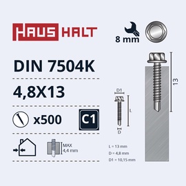 Pašvītņojošā skrūve Haushalt DIN 7504K, 4.8 mm x 13 mm, 500 gab.