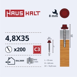 Саморез Haushalt DIN 7504K, 4.8 мм x 35 мм, 200 шт.