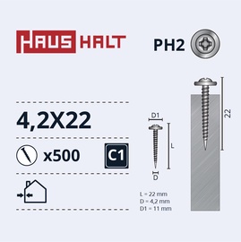 Pašvītņojošā skrūve Haushalt DIN 14566, 4.2 mm x 22 mm, 500 gab.