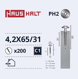 Isekeermestavad kruvid Haushalt DIN 14566, 4.2 mm x 65 mm, 200 tk