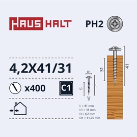 Pašvītņojošā skrūve Haushalt DIN 14566, 4.2 mm x 41 mm, 400 gab.