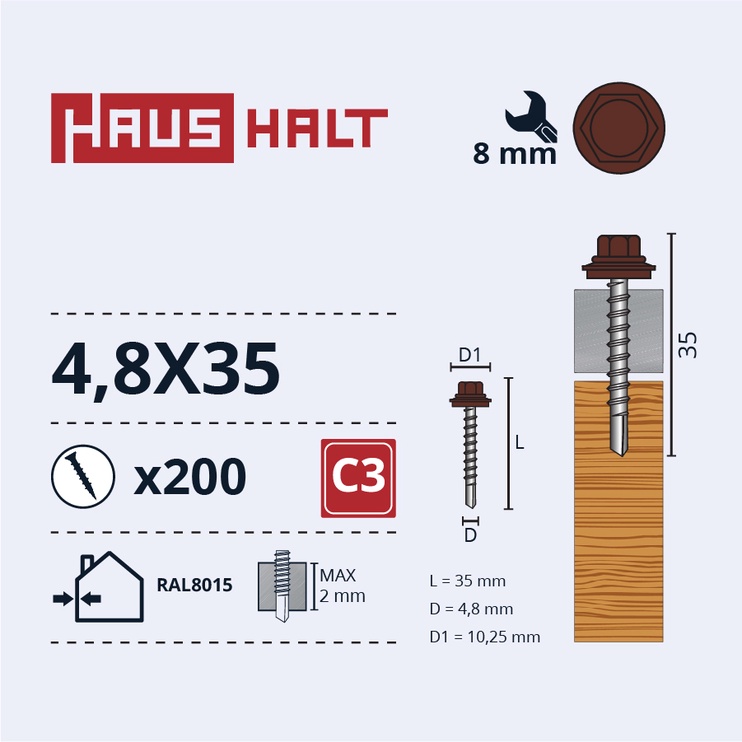 Pašvītņojošā skrūve Haushalt DIN 7504K, 4.8 mm x 35 mm, 200 gab.