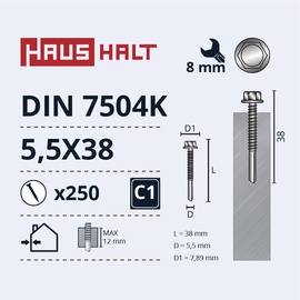 Isekeermestavad kruvid Haushalt DIN 7504K, 5.5 mm x 38 mm, 250 tk