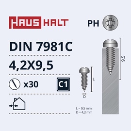 Isekeermestavad kruvid Haushalt DIN7981C, 4.2 mm x 9.5 mm, 30 tk