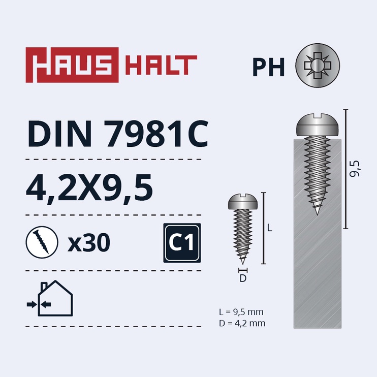 Pašvītņojošā skrūve Haushalt DIN7981C, 4.2 mm x 9.5 mm, 30 gab.