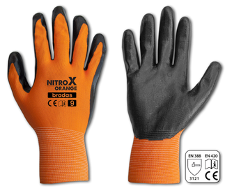 Darba cimdi pirkstaiņi Bradas Nitrox Orange, pieaugušajiem, poliesters/nitrils, oranža, 9, 6 gab.