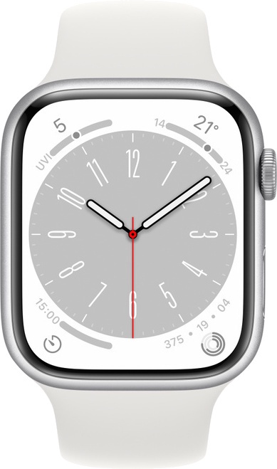 Nutikell Apple Watch Series 8 GPS 45mm Silver Aluminium Case with White Sport Band - Regular, hõbe