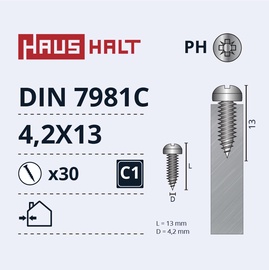 Isekeermestavad kruvid Haushalt DIN7981C, 4.2x13 mm, 30 tk
