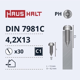 Isekeermestavad kruvid Haushalt DIN7981C, 4.2 mm x 13 mm, 30 tk