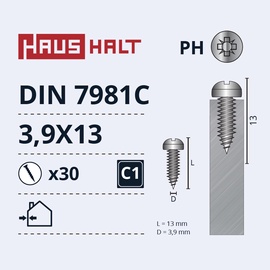 Pašvītņojošā skrūve Haushalt DIN7981C, 3.9 mm x 13 mm, 30 gab.