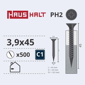 Koka skrūve Haushalt, 3.9 x 45 mm, pelēka, 500 gab.