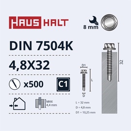 Pašvītņojošā skrūve Haushalt DIN 7504K, 4.8 mm x 32 mm, 500 gab.