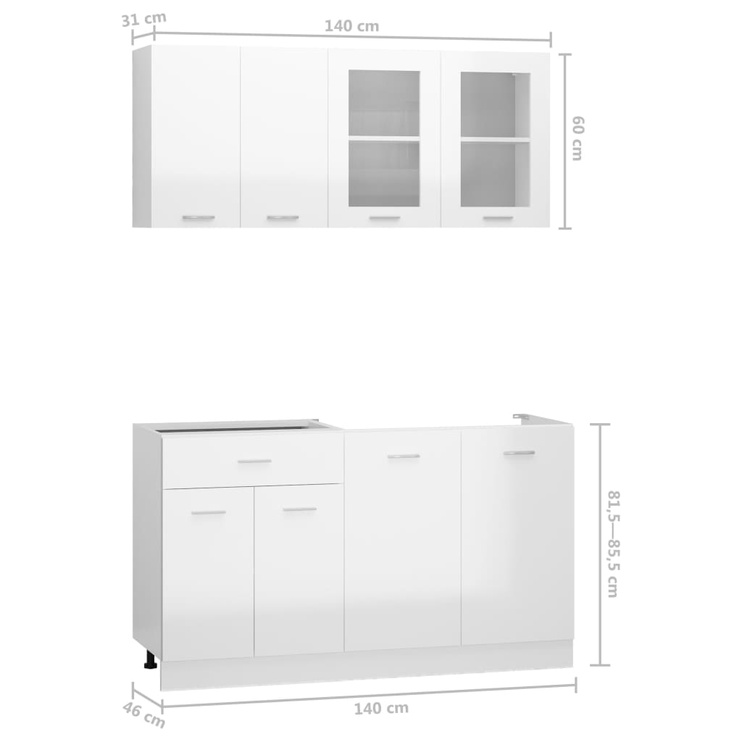 Кухонный гарнитур VLX 4-piece High Gloss, белый, 1.4 м