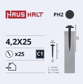 Isekeermestavad kruvid Haushalt DIN 14566, 4.2 mm x 25 mm, 25 tk