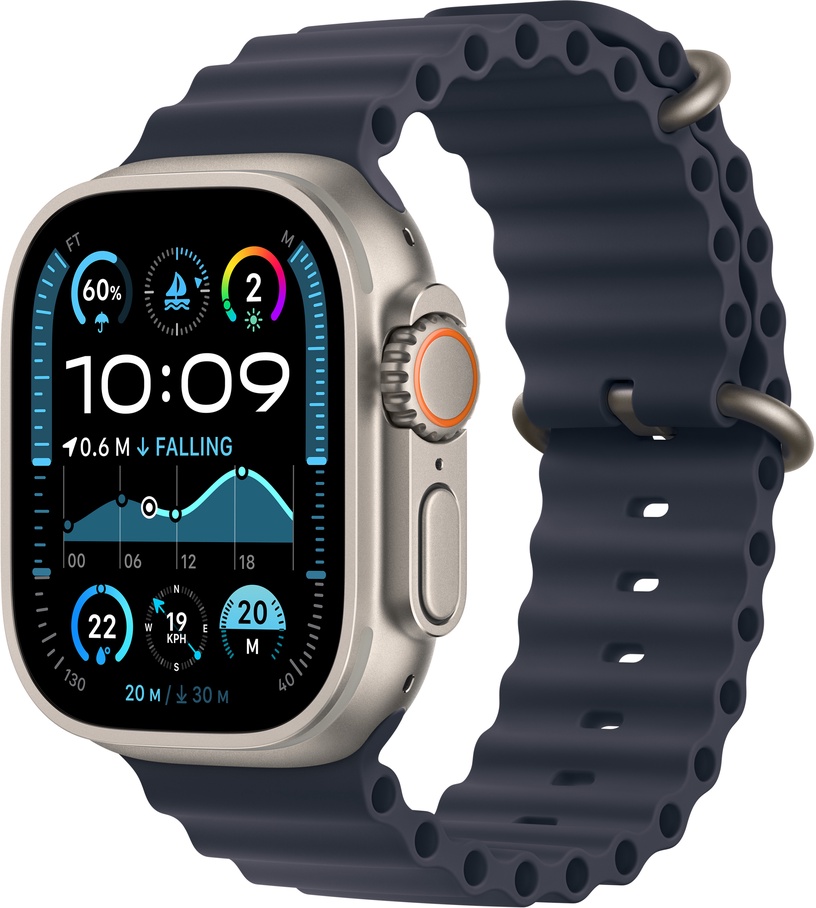 Viedais pulkstenis Apple Watch Ultra 2 GPS + Cellular 49mm Navy Ocean Band LV/EE, natural titanium