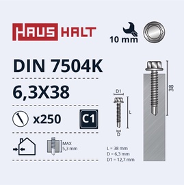 Pašvītņojošā skrūve Haushalt DIN 7504K, 6.3 mm x 38 mm, 250 gab.