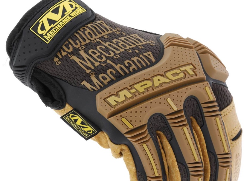 Darba cimdi pirkstaiņi Mechanix Wear Leather M-Pact LMP-75-009, dabīgā āda/termoplastiska gumija (tpr), brūna/melna, M, 2 gab.