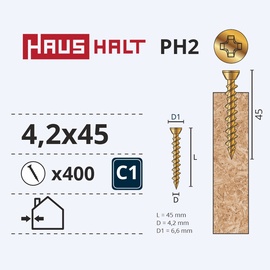 Puidukruvi Haushalt PH, 4.2 x 45 mm, kollane, 400 tk