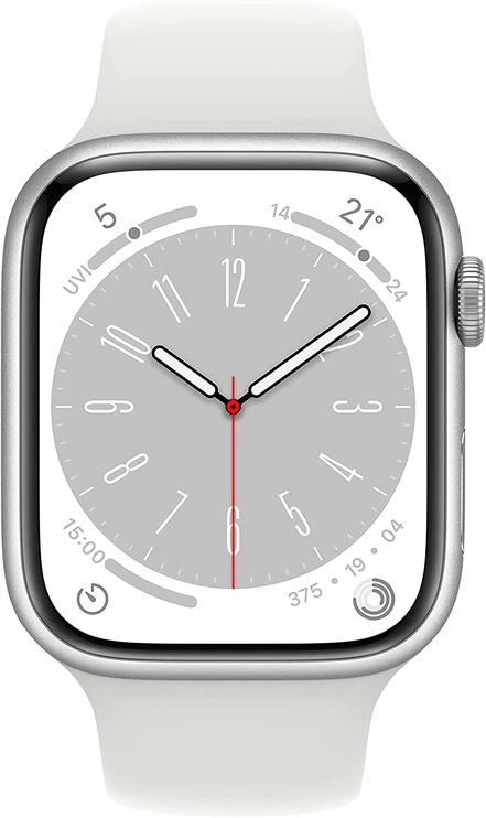 Nutikell Apple Watch Series 8 GPS + Cellular 45mm Silver Aluminium Case with White Sport Band - Regular, hõbe