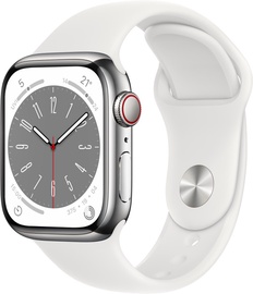 Viedais pulkstenis Apple Watch Series 8 GPS + Cellular 41mm Silver Stainless Steel Case with White Sport Band - Regular, pelēka