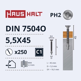 Isekeermestavad kruvid Haushalt DIN 7504O, 5.5 mm x 45 mm, 250 tk