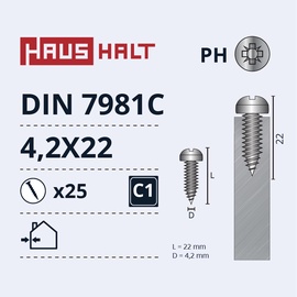 Pašvītņojošā skrūve Haushalt DIN7981C, 4.2 mm x 22 mm, 25 gab.